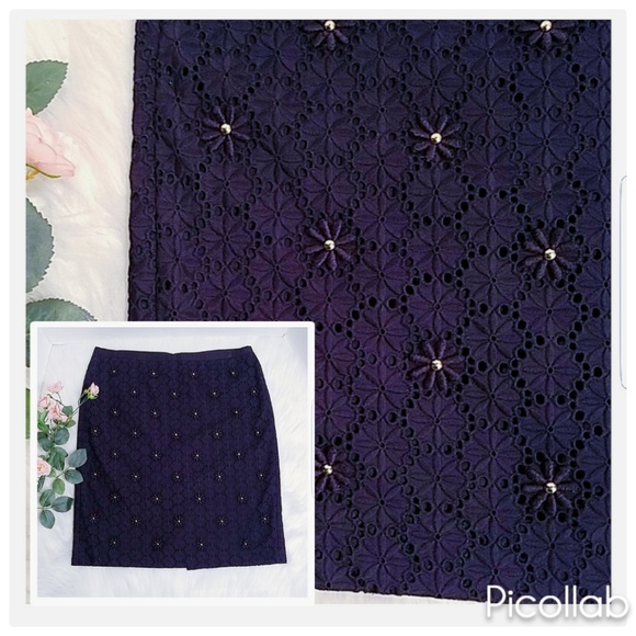 Talbots Navy Eyelet Skirt w/Gold Bead Flowers - Picture 3 of 6